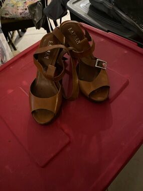 Lauren Ralph Lauren Tan Leather Peep-Toe Wedge Sandals with Ankle Strap